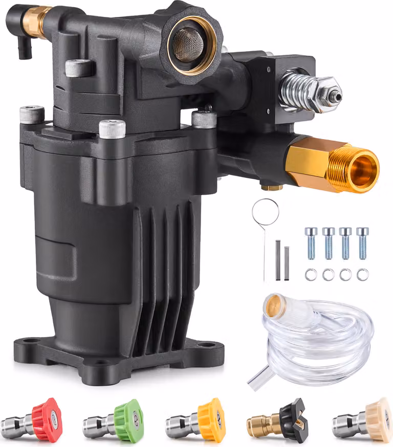 SucceBuy pompa per idropulitrice, 3500 PSI, 2,5 GPM, albero orizzontale da 3/4 di pollice, kit di ricambio con 5 ugelli, ferramenta e tubo per sifone per varie marche