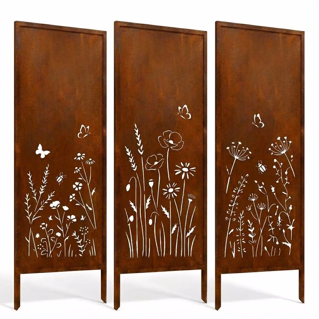 Pannello decorativo da esterno in metallo, effetto Corten, modello "Butterfly Meadow" (3 pezzi), dimensioni 160x50 cm, tagliato al laser, ideale come elemento decorativo e perimetrale