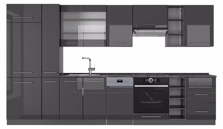 Cucina componibile Vicco Fame-Line Antracite lucido 355 cm senza piano di lavoro, Model 56731