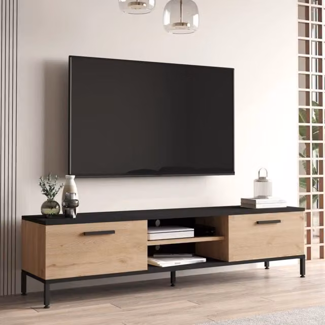 Mobile Basso Lempäälä en.casa Supporto TV con Passaggio Cavi e Sportelli a Ribalta, Effetto Rovere e Nero, L: 160 cm, P: 35 cm, H: 39 cm