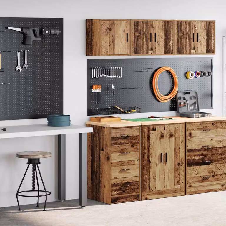 Set di 2 armadi da garage vidaXL in legno di pino marrone con ante a cerniera e cassetti interni