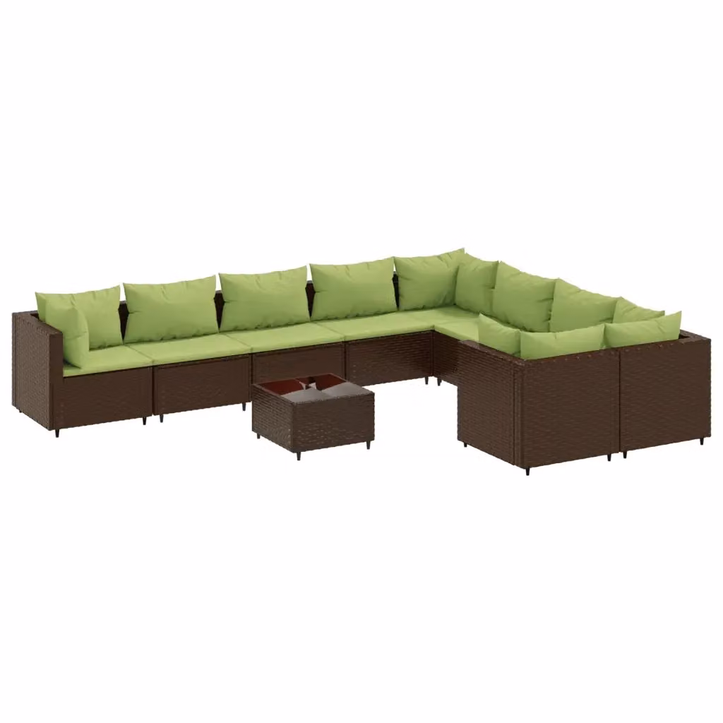 vidaXL Set Divani da Giardino 10 Pezzi con Cuscini e Tavolino, Polyrattan Marrone e Verde con Struttura in Acciaio Verniciato a Polvere – 2