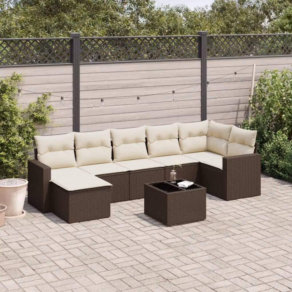 vidaXL Set Divani da Giardino 8 pz in Polyrattan Marrone con Cuscini e Tavolino – 1