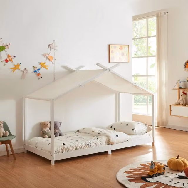 Letto Singolo Brome per Cameretta a Forma di Casetta Zona di Riposo 90x200 cm Legno - Bianco [en.casa]