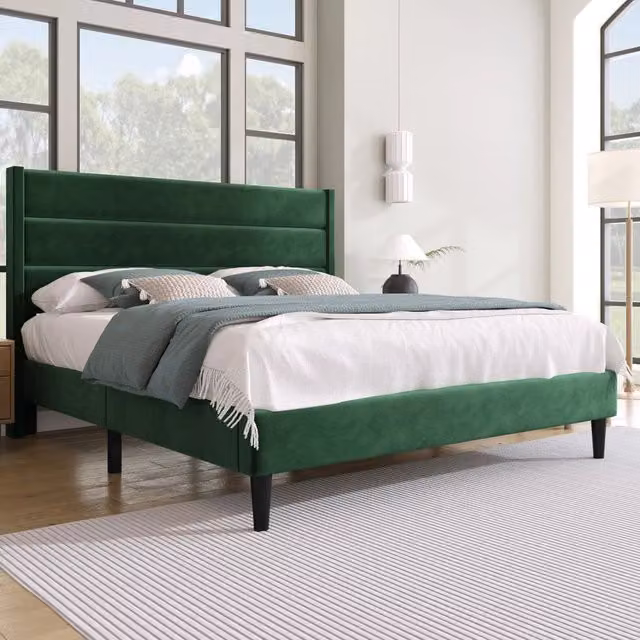 Letto imbottito moderno CIPACHO in velluto verde L/P/H: 140 x 200 x 111 cm – 1