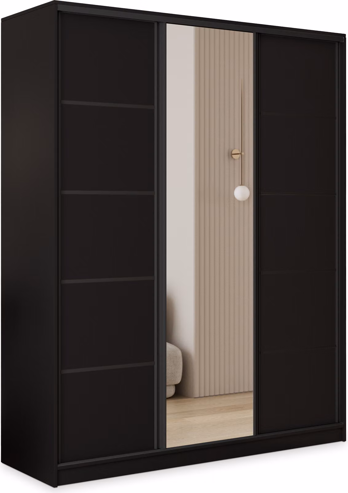 Armadio scorrevole Masseno PINA 160/205/58 cm Armadio con 4 cassetti Armadio per camera da letto a 3 ante con specchio Nero