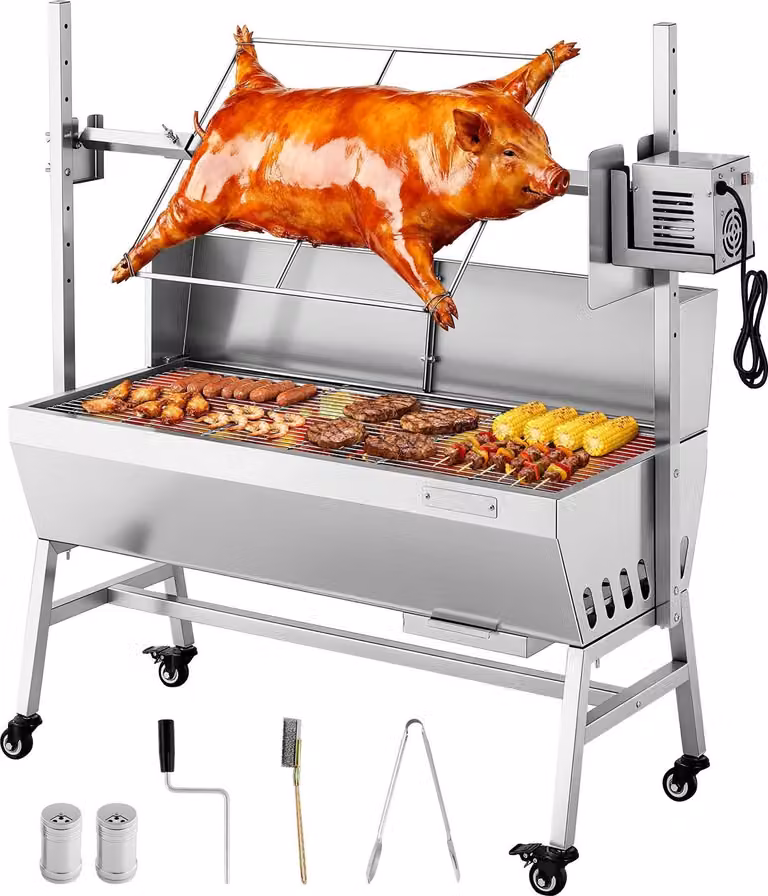 Griglia per girarrosto - griglia per maialino a carbone/griglia per agnello - lunghezza griglia 94 cm - capacità di carico 60 kg - motore 38 W - regolazione dell'altezza in 7 posizioni - piastra di protezione - acciaio inox