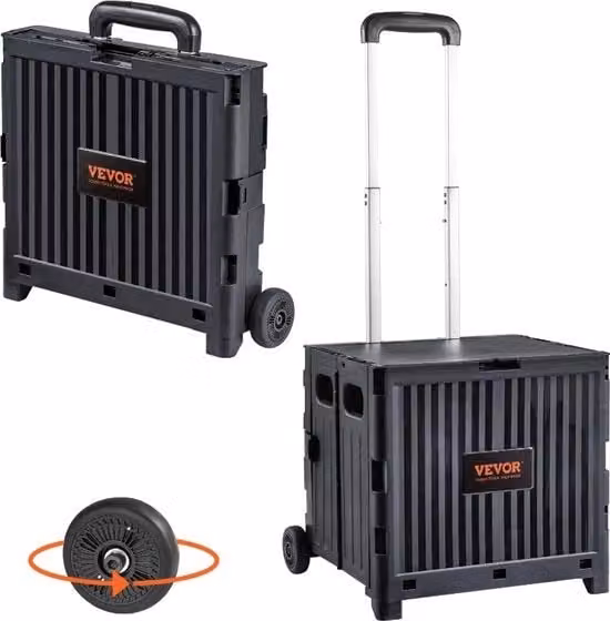 Carrello pieghevole con ruote VEVOR nero in plastica e gomma con capacità di carico 29,9 kg