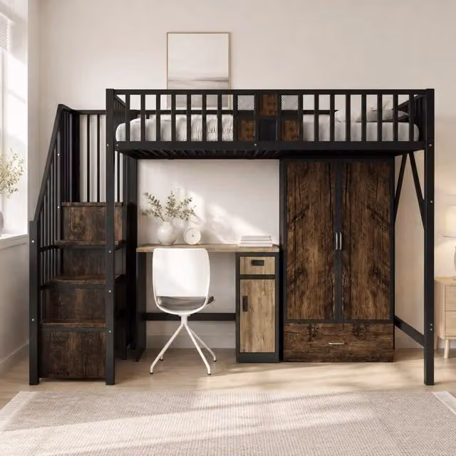 Letto a soppalco singolo Mivray in stile industrial con armadio, scala con gradini, contenitore e cassetto, colore nero, L/P/H: 200 x 90 x 255 cm