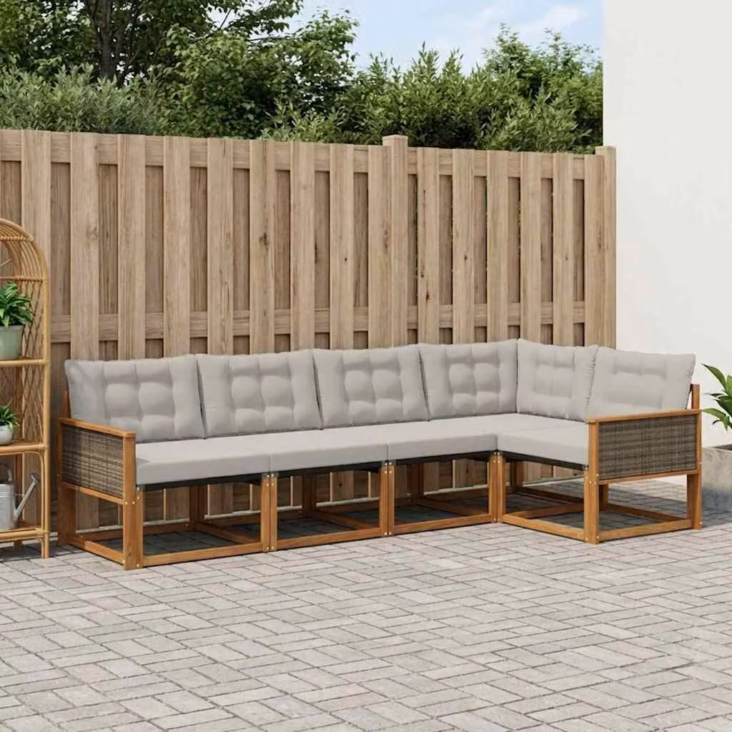Set di divani da esterno vidaXL 6 pz a forma di L in legno di acacia con cuscini beige e grigi