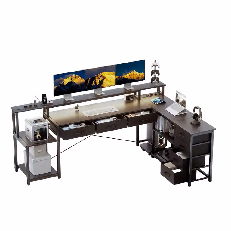 AIORBER Scrivania angolare a forma di L con cassetti, prese elettriche e USB, supporto per monitor, illuminazione a LED, reversibile 200×146 cm, nero