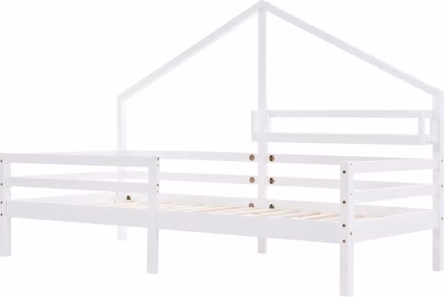 Letto per bambini a forma di casetta con mensola a camino 90x200 cm in legno di pino bianco