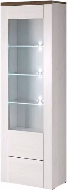 Vetrina alta design 1 porta con illuminazione LED collezione SANTIAGO. Color bianco effetto legno e quercia.