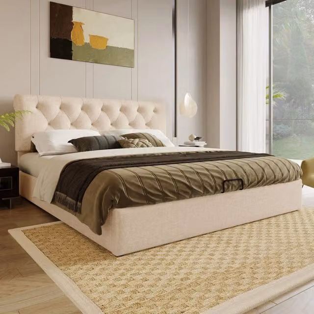 Letto imbottito matrimoniale 140 × 200 cm contenitore con testiera regolabile in lino naturale e rete a doghe