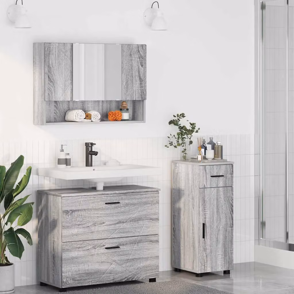 Set di mobili per il bagno moderno vidaXL in 3 pezzi Grigio con mobile lavabo, armadietto con specchio e mobile laterale