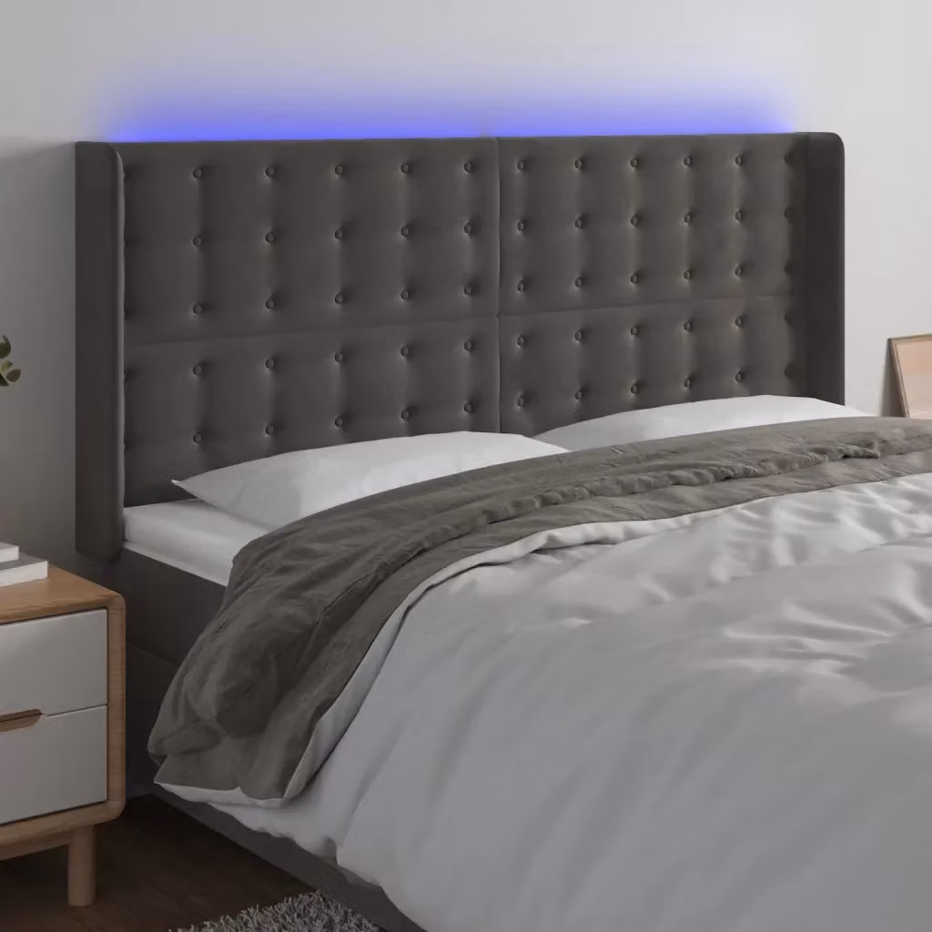 Testata del letto con illuminazione LED e porta di ricarica USB in velluto grigio scuro L: 203 cm, P: 16 cm, H: 118/128 cm – 2