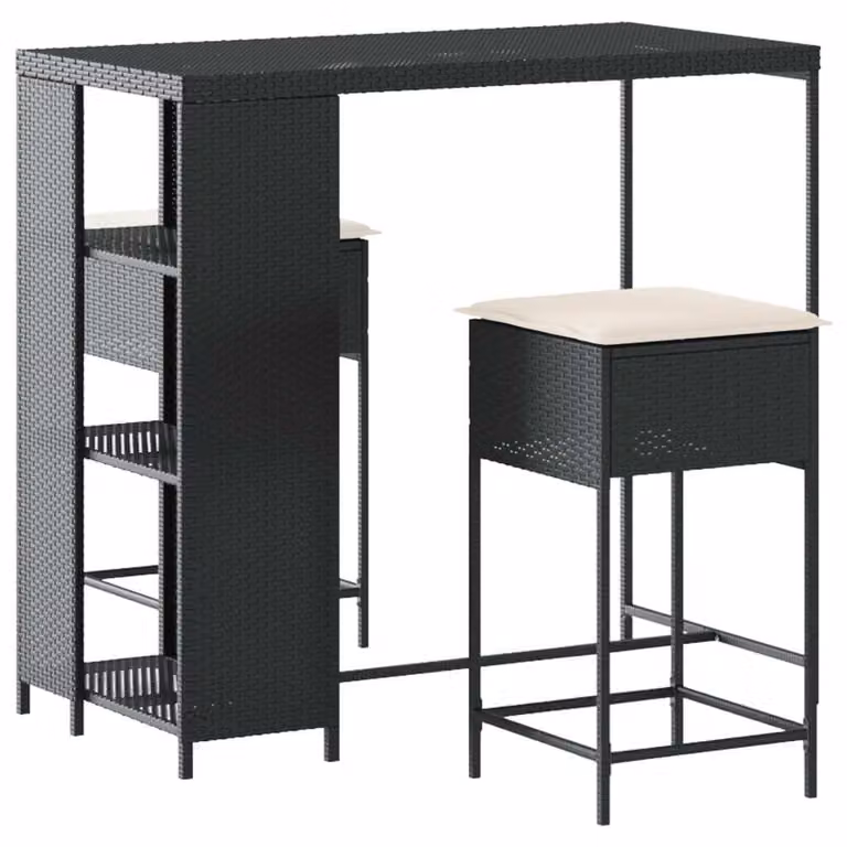 Set Bar da Giardino 3 pz con Cuscini in Polyrattan Nero