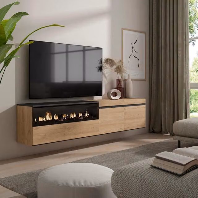 Mobile TV, 200x35x45cm, soggiorno, Per TV fino a 80", Camino elettrico, da appendere, colore Rovere e nero RF2147