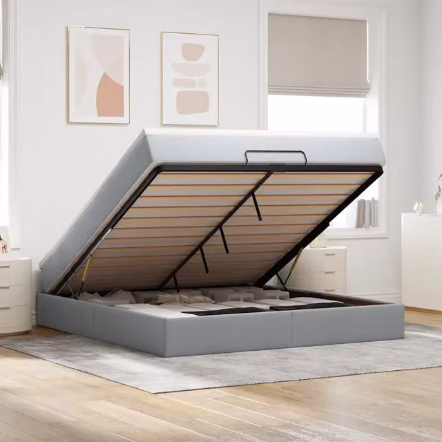 Letto con contenitore a sollevamento vidaXL in tessuto grigio e bianco con materasso L/P/H: 180 x 200 x 23,5 cm