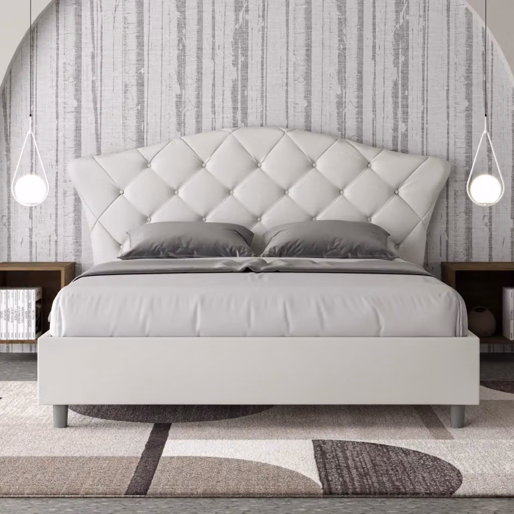 Letto Matrimoniale Langre Giordanoshop Bianco con Contenitore e Rete, Imbottito in Similpelle con Testata e Alzata, L/P: 160 x 200 cm – 2