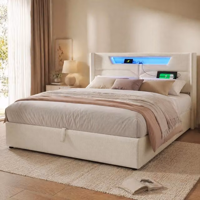 Letto contenitore 160x200 cm in lino beige con LED; USB e Type-C