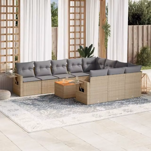 Set Divano da Giardino a Forma di U VIDAXL in Polyrattan con Cuscini Beige, 11 Pezzi – 1