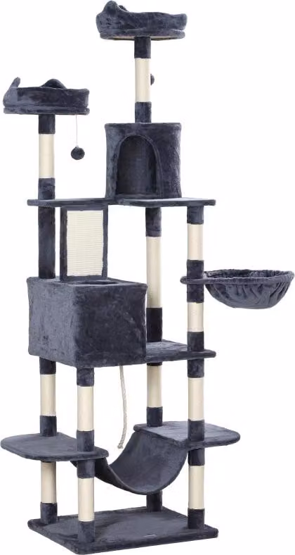Albero per gatti Moonbite, altezza 206 cm, adatto per 1-3 gatti, con 2 letti, 2 rifugi, amache, pali in sisal e sistema di fissaggio a parete per maggiore sicurezza, realizzato in poliestere, colore grigio scuro