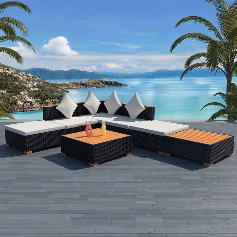 The Living Store Set da giardino 7 pezzi con cuscini in poly rattan nero