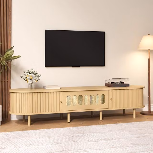 Mobile porta TV basso con anta a ribalta e 2 serrande 5 vani chiusi in MDF naturale per soggiorno 180 × 40 × 40 cm
