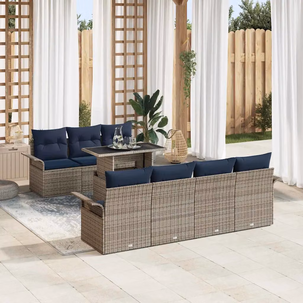 Set Divano da Giardino vidaXL 8 pz Grigio con Cuscini e Tavolino in Polyrattan e Acciaio