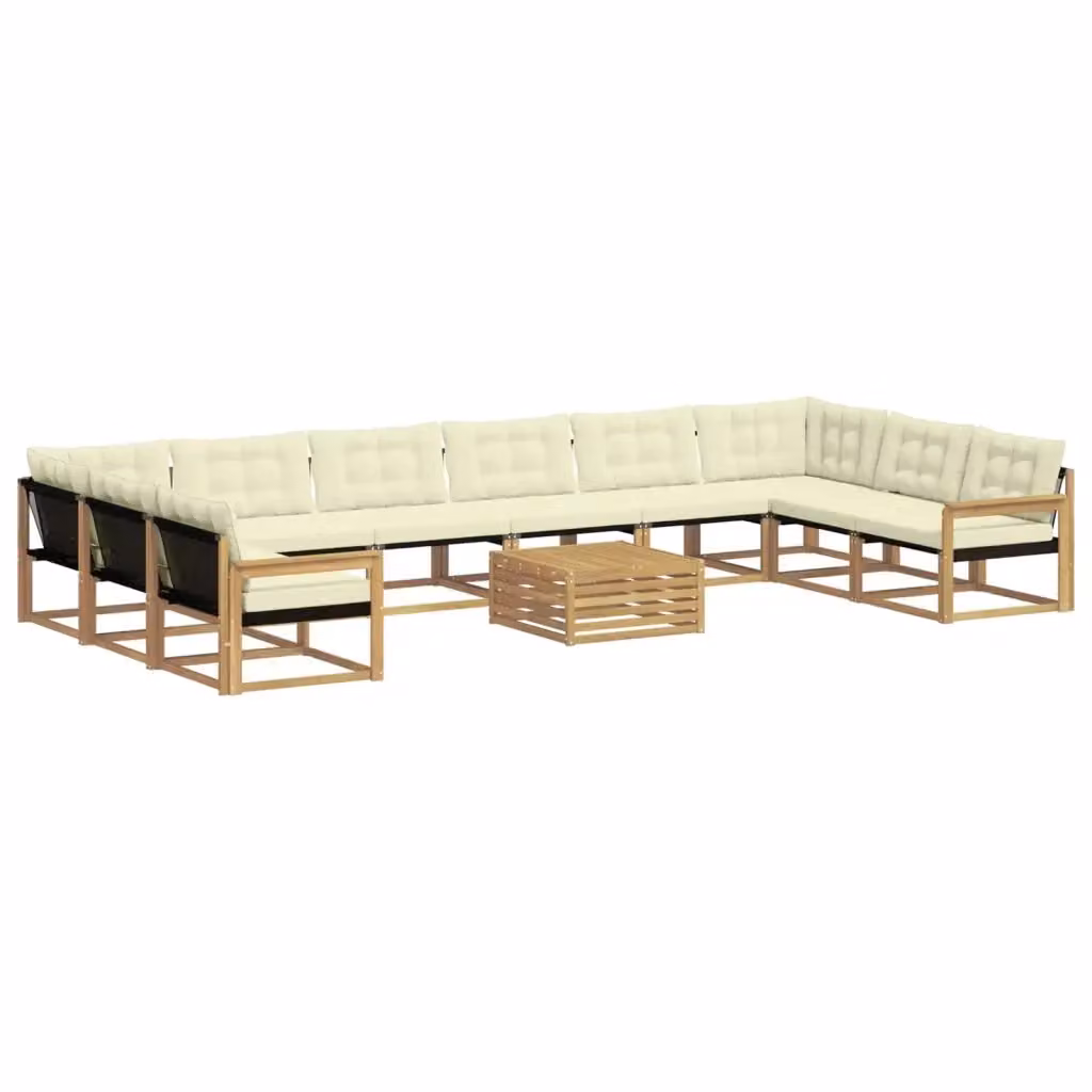Set di divani da esterno a forma di U vidaXL in legno di acacia con tavolino e cuscini, Bianco e Beige – 2
