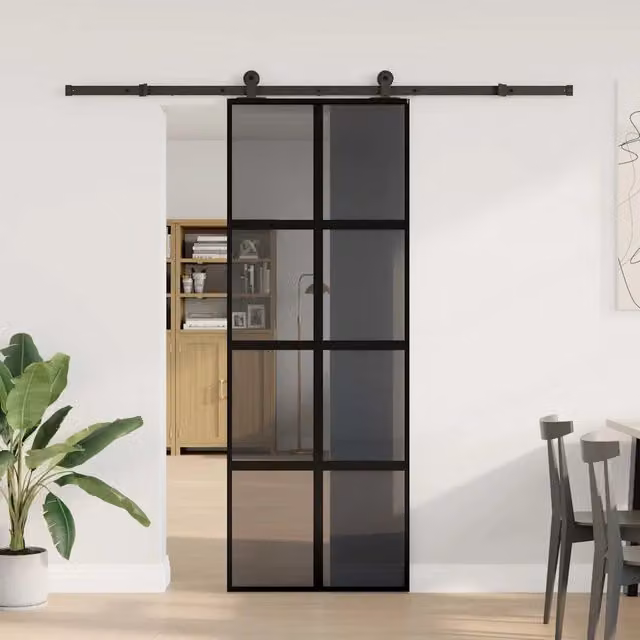 Porta Scorrevole Moderna vidaXL in Alluminio e Vetro Temperato Trasparente con Colore Nero L: 76 cm, H: 205 cm