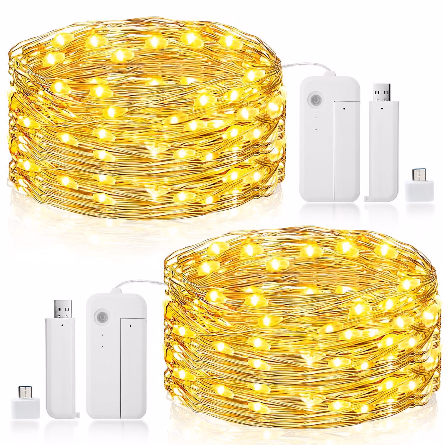 Catena luminosa, 2 x 10 metri, 100 LED, ricaricabile tramite USB, con timer e 8 modalità