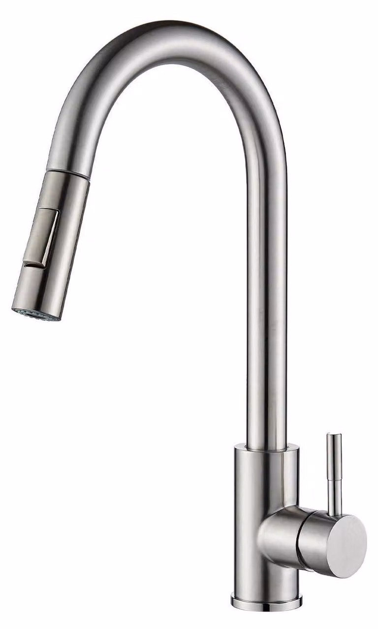 Rubinetto da cucina estraibile, in acciaio inossidabile spazzolato, finitura cromata, girevole a 360°, con 2 getti e miscelatore monocomando
