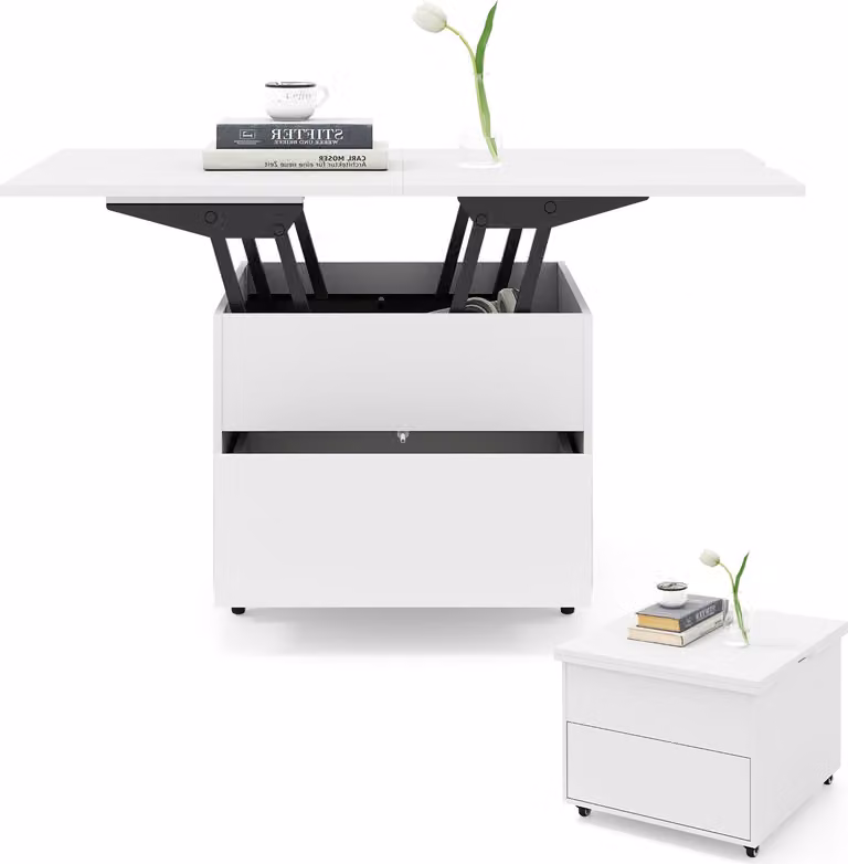 Tavolino da caffè COSTWAY, tavolo da soggiorno con cassetto, rotelle e spazio di archiviazione nascosto, tavolino 3 in 1, tavolino laterale e tavolo da pranzo, tavolo da divano, bianco