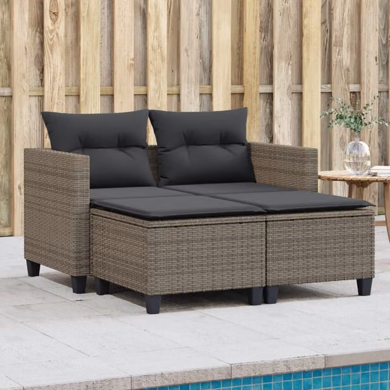 vidaXL Divano da Giardino 2 Posti con Sgabelli in Polyrattan Grigio e Cuscini in Schiuma