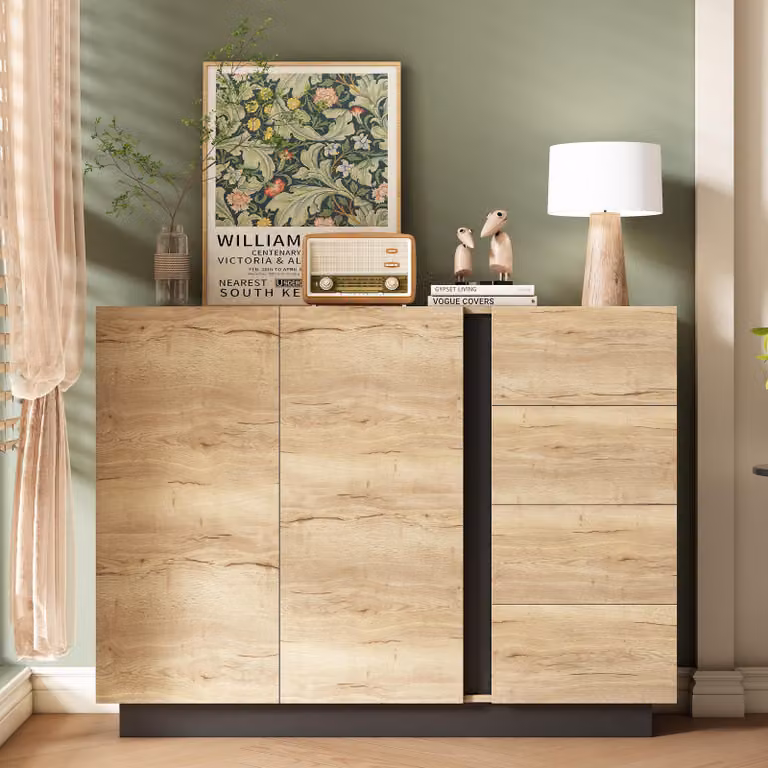 Mobile contenitore moderno Flieks con quattro cassetti e due ante, adatto per soggiorno e cucina, dimensioni 120x35,5x90,5 cm, colore naturale
