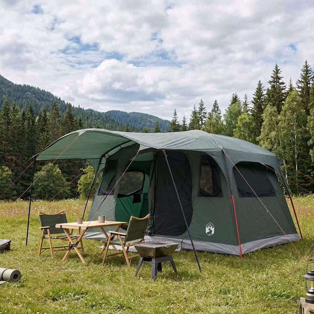 Tenda a tunnel vidaXL per 10 persone in poliestere e acciaio, colore verde militare