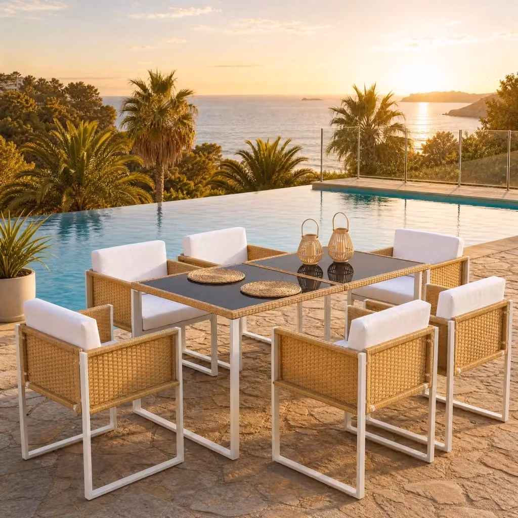 Set da pranzo da giardino MIVRAY con tavolo rettangolare in vetro temperato e 6 sedie in polyrattan marrone e bianco con cuscini – 2