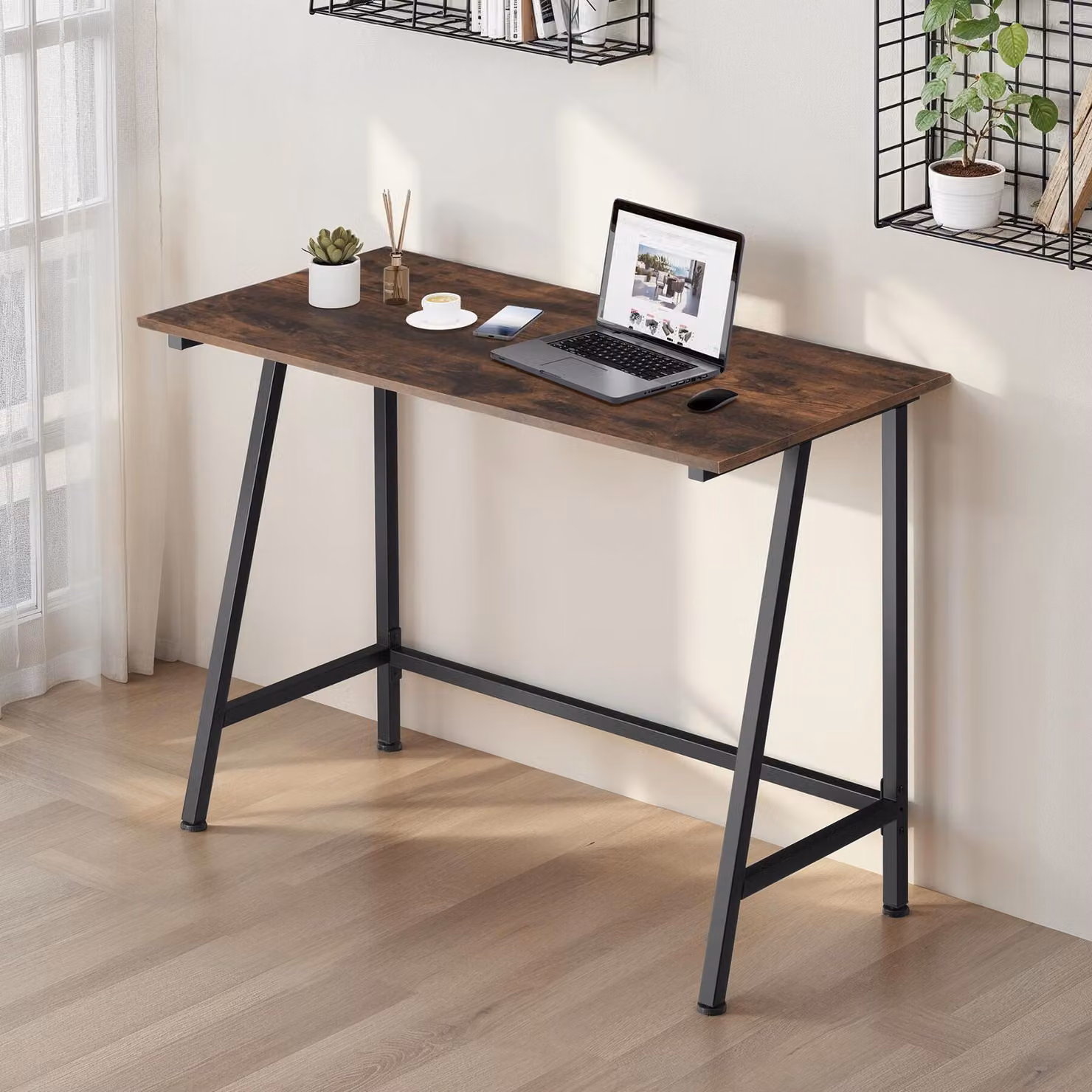 Scrivania Tectake in stile industriale marrone con piano in legno MDF laminato L: 100 cm, P: 50 cm, H: 77 cm – 2