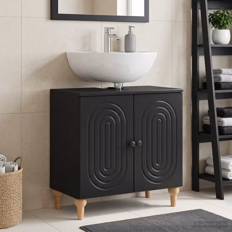 Armadio per lavabo da bagno vidaXL ALKMAAR nero moderno con ante a battente e ripiani interni L/P/H: 59,5 x 31,5 x 59 cm