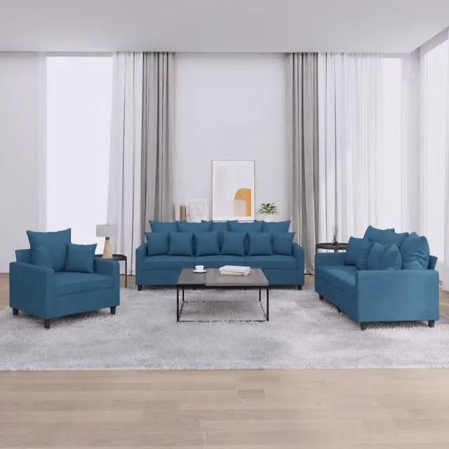 Set di divani 3 pezzi vidaXL in velluto blu con cuscini per soggiorno moderno
