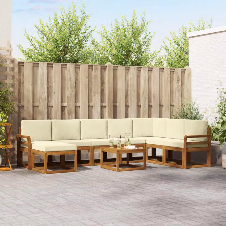 vidaXL Set di divani da esterno a L in legno di acacia con cuscini, 9 pezzi, Marrone e Beige