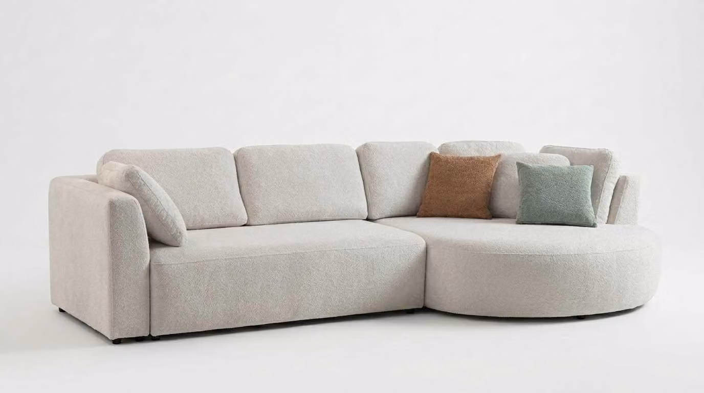 Divano angolare elegante, a forma di L, per soggiorno. Mobili imbottiti