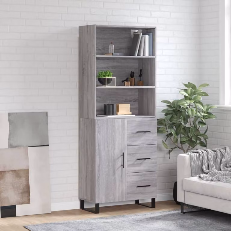 Credenza moderna vidaXL in legno multistrato e metallo, colore Grigio Sonoma, L: 69,5 cm, P: 34 cm, H: 180 cm