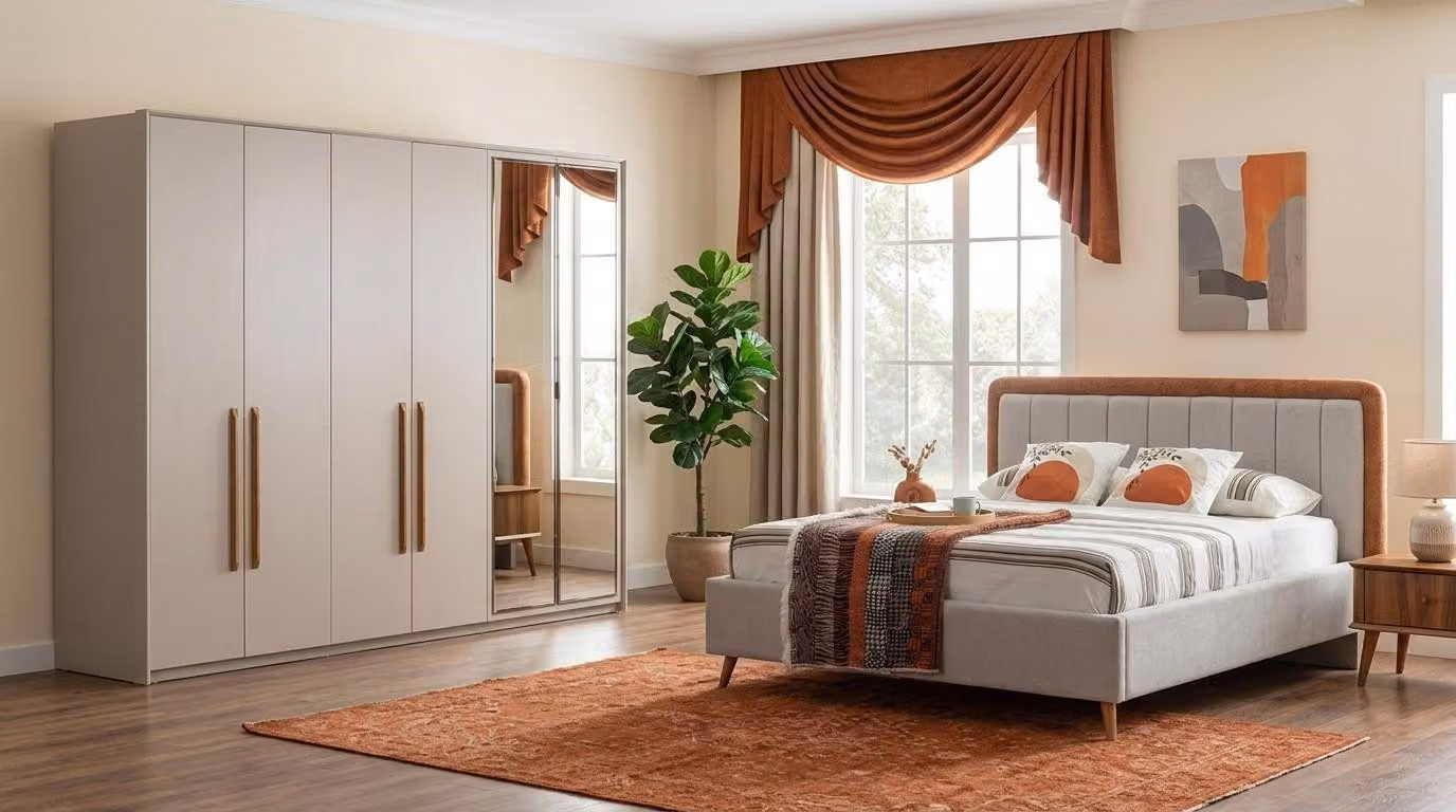 Set per camera da letto: letto, comodino, stile scandinavo, colore beige, design universale