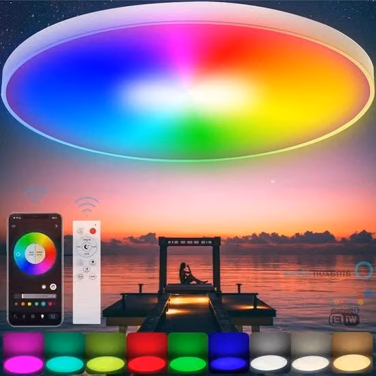 Lampada da soffitto LED intelligente RGB multicolore 48W con telecomando e controllo via app, compatibile con Alexa, Google Home e Apple HomeKit, protezione IP44, Diametro: 37 cm