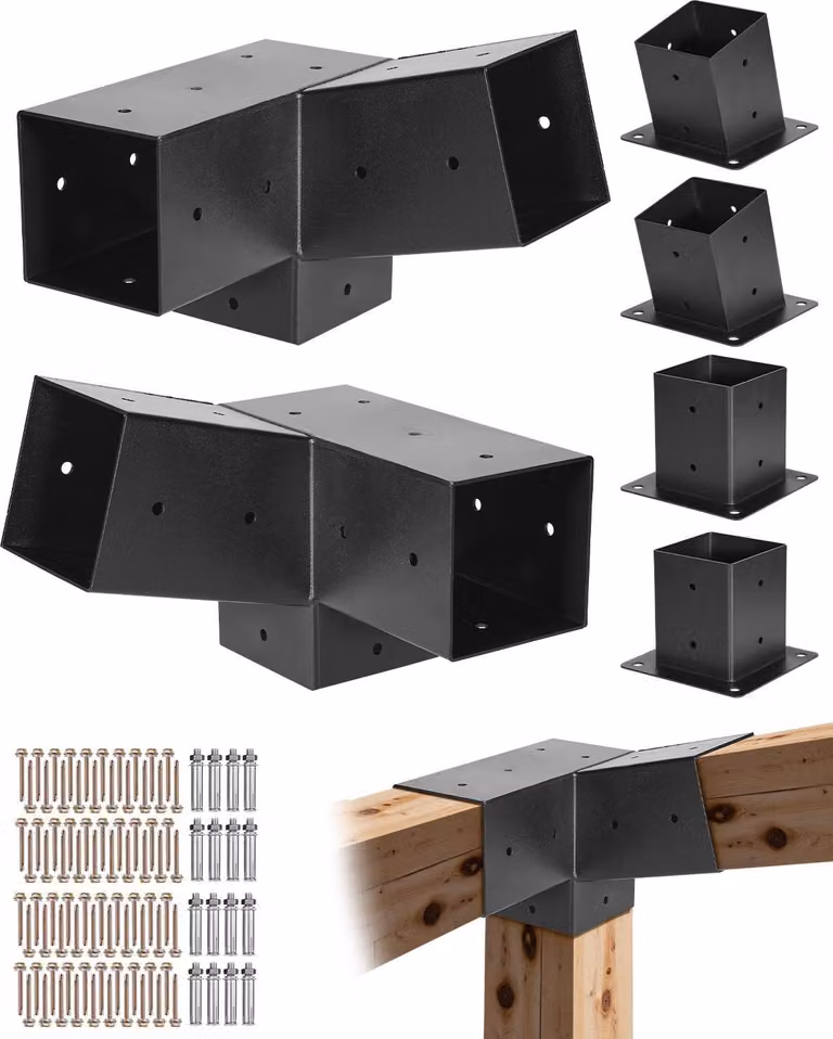 Connettore per pali - Staffe per pergola a 3 vie - Per pali in legno 92 x 92 mm (9,2 x 9,2 cm) - Set di 2 - Con 2 basi per pali e 2 staffe a parete - Per pergola/padiglione e capannone