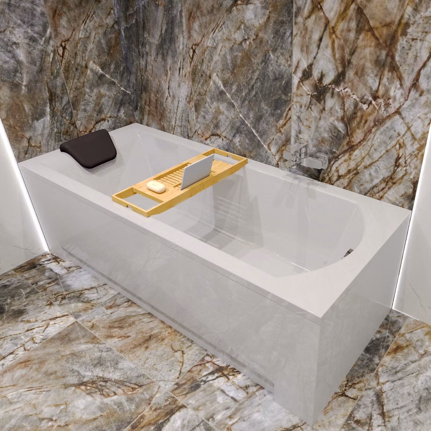 Set vasca rettangolare 5in1 160x70 con set di scarico premium e piedini GRATIS + rivestimento (grembiule in acrilico) + poggiatesta in nero | BADLAND SHEA