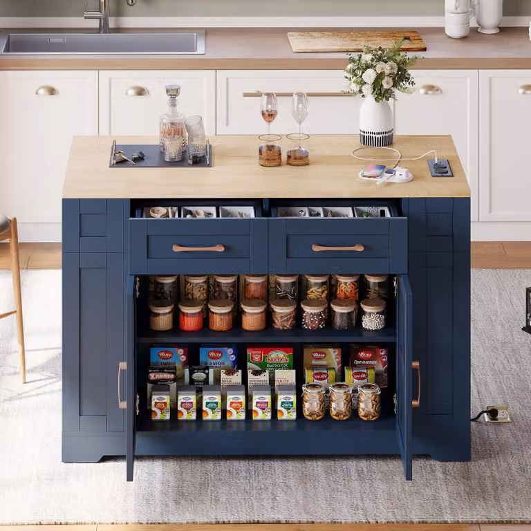 Isola da cucina con tavolo pieghevole, dimensioni 120x40(65)x92 cm, dotata di ante in vetro, cassetti, prese di corrente e ruote, ideale per cucina e sala da pranzo